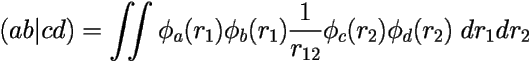 \[ 
(ab|cd) = \iint \phi_a(r_1)\phi_b(r_1)\frac{1}{r_{12}}\phi_c(r_2)\phi_d(r_2) 
\; dr_1dr_2 \] 