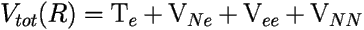 \[ V_{tot}(R)=\mbox{T}_e + \mbox{V}_{Ne} + \mbox{V}_{ee} + \mbox{V}_{NN} 
 \] 