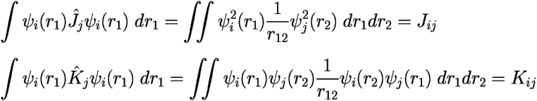 
\[ \int \psi_i(r_1) \hat{J}_j \psi_i(r_1) \;dr_1 = \iint \psi_i^2(r_1)\frac{1}{r_{12}} 
\psi_j^2(r_2) \; dr_1dr_2 = J_{ij} \] 

\[ \int \psi_i(r_1) \hat{K}_j \psi_i(r_1) \;dr_1 = \iint \psi_i(r_1)\psi_j(r_2) 
\frac{1}{r_{12}}\psi_i(r_2)\psi_j(r_1)\; dr_1dr_2 = K_{ij} \] 